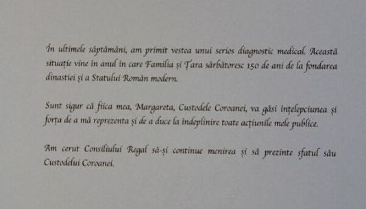 Update. Mesajul Regelui Mihai: „Sunt sigur că fiica mea, Margareta, Custodele Coroanei, va găsi înțelepciunea și forța de a mă reprezenta” 2 mesajulregeluimihai.jpg