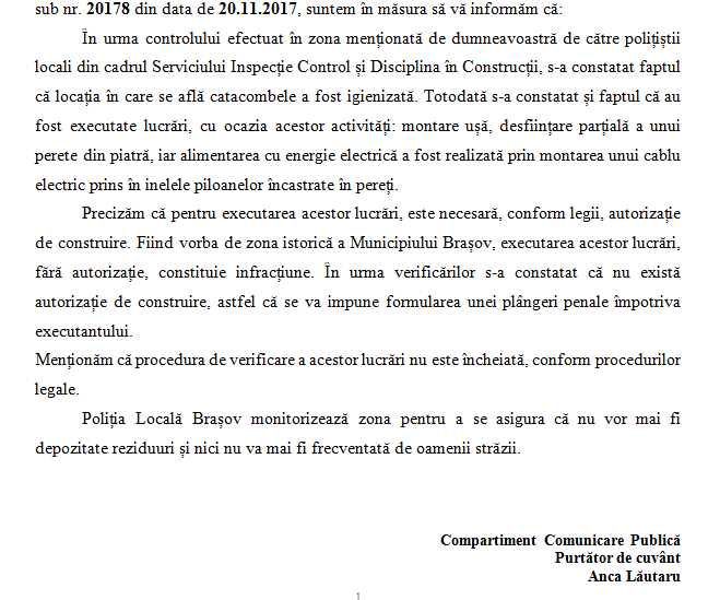 BRAȘOV. Plângere penală pentru cei care au făcut igienizarea în catacombe 3 pol-loc-catacombe_2.png
