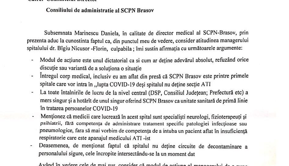 BRAȘOV. Medicii de la Neuro nu vor ca spitalul să devină unitate COVID-19. Scrisoarea deschisă... 4 adresa_2.jpg