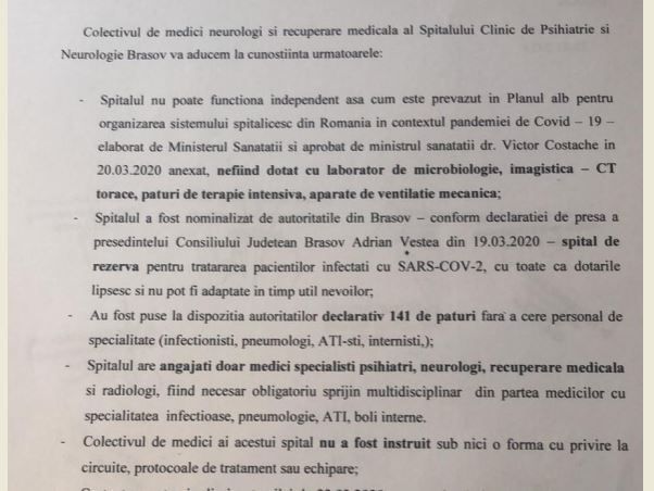 BRAȘOV. Medicii de la Neuro nu vor ca spitalul să devină unitate COVID-19. Scrisoarea deschisă... 2 scrisoaremedici.jpg