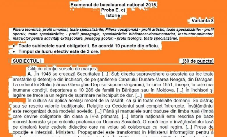 BAC 2015. Subiectul integral şi baremul la istorie 1 subiectistorie.jpg