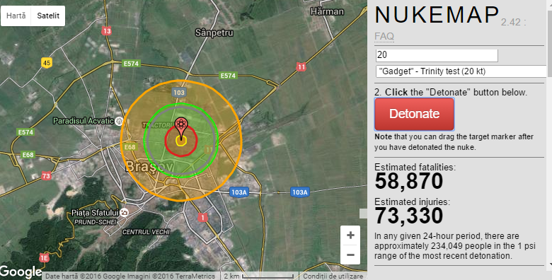 Brașovul, pe lista orașelor pe care SUA le-ar fi atacat cu bombe atomice în timpul Războiului Rece 1 nukemapbv.png