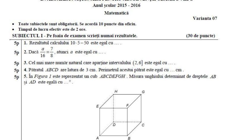EVALUAREA NAŢIONALĂ. Subiectul complet şi baremul la Matematică 1 submate.jpg
