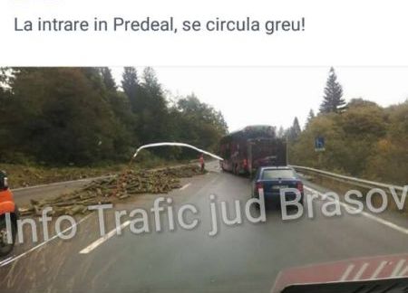 BRAȘOV. O parte din lemnele încărcate într-un camion au căzut pe DN 1 Predeal-Brașov! (FOTO) 1 lemnedn12.jpg