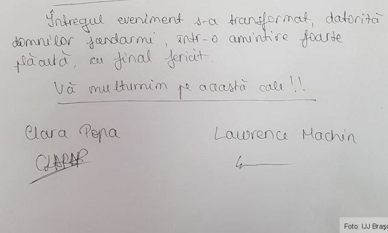 BRAŞOV. Mulţumiri în scris din partea unor turişti scăpaţi din colţii a patru câini 1 mulltumirijandarmi.jpg