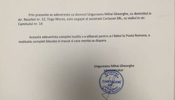 Adeverința inutilă care a îngenuncheat Poșta Română 1 adeverinta.jpg