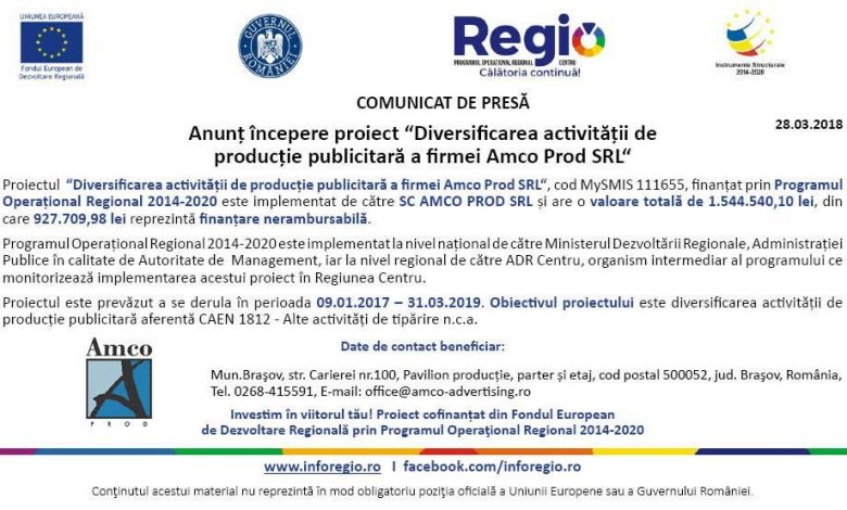 COMUNICAT DE PRESĂ | Anunț începere proiect “Diversificarea activității de producție publicitară a firmei Amco Prod SRL“ 1 anunt-on-line-amcoprod-724x415px.jpg