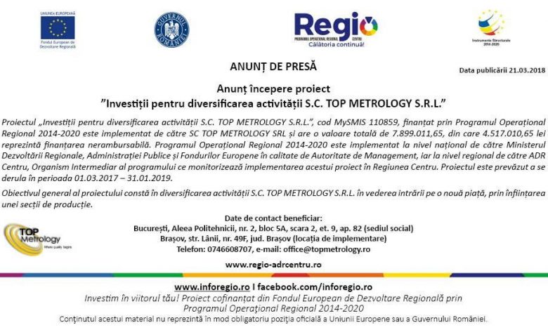 Anunț începere proiect ”Investiții pentru diversificarea activității S.C. Top Metrology S.R.L.” 1 anunt-proiect-smis110859.jpg