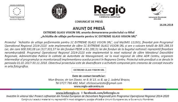 COMUNICAT DE PRESĂ | EXTREME GLASS VISION SRL anunta demarararea proiectului cu titlul „Achizitia de utilaje performante pentru SC EXTREME GLASS VISION SRL” 1 comunicat-de-presa-egv-724x415px.jpg