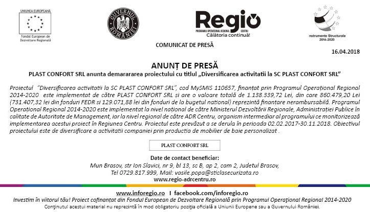 COMUNICAT DE PRESĂ | PLAST CONFORT SRL anunta demarararea proiectului cu titlul „Diversificarea activitatii la SC PLAST CONFORT SRL” 1 comunicat-de-presa-plastconfort-724x415px.jpg