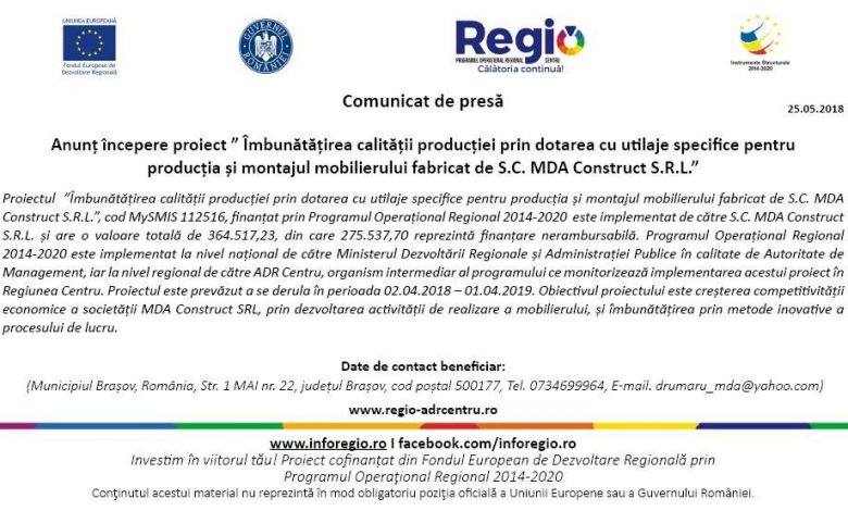 COMUNICAT DE PRESĂ | Anunț începere proiect ” Îmbunătățirea calității producției prin dotarea cu utilaje specifice pentru producția și montajul mobilierului fabricat de S.C. MDA Construct S.R.L.” 1 comunicat-mdaconstruct-724x415px.jpg