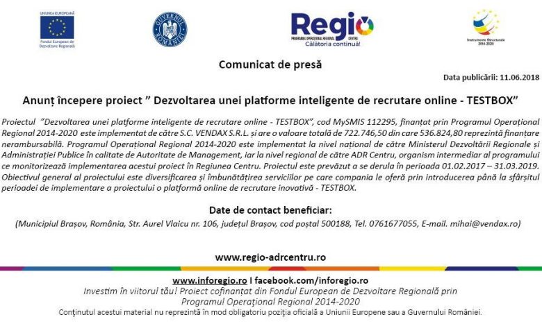 Anunț începere proiect ”Dezvoltarea unei platforme inteligente de recrutare online - TESTBOX” 1 comunicat-11iunie-724x415px.jpg