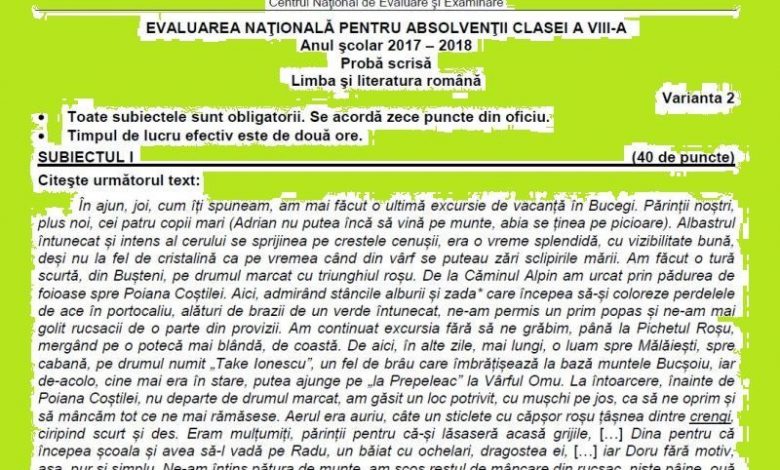 Update. Subiectul complet la limba și literatura română - Evaluarea Națională 2018 1 subrom8.jpg