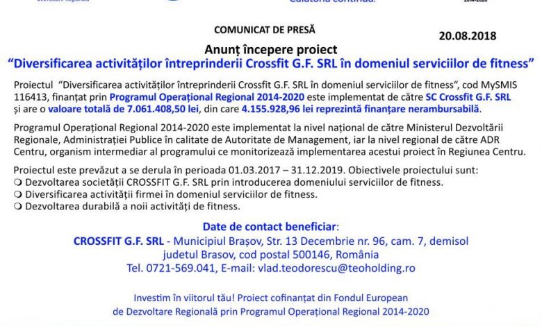 COMUNICAT DE PRESĂ | Anunț începere proiect “Diversificarea activităților întreprinderii Crossfit G.F. SRL în domeniul serviciilor de fitness” 1 anunt-on-line-crosfitgf-20aug.jpg