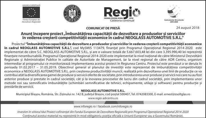 Anunț începere proiect „Îmbunătățirea capacității de dezvoltare a produselor și serviciilor în vederea creșterii competitivității economice în cadrul NEOGLASS AUTOMOTIVE S.R.L.” 1 comunicat.jpg