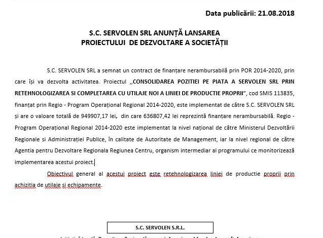 S.C. SERVOLEN SRL ANUNȚĂ LANSAREA PROIECTULUI DE DEZVOLTARE A SOCIETĂȚII 1 servolen.jpg