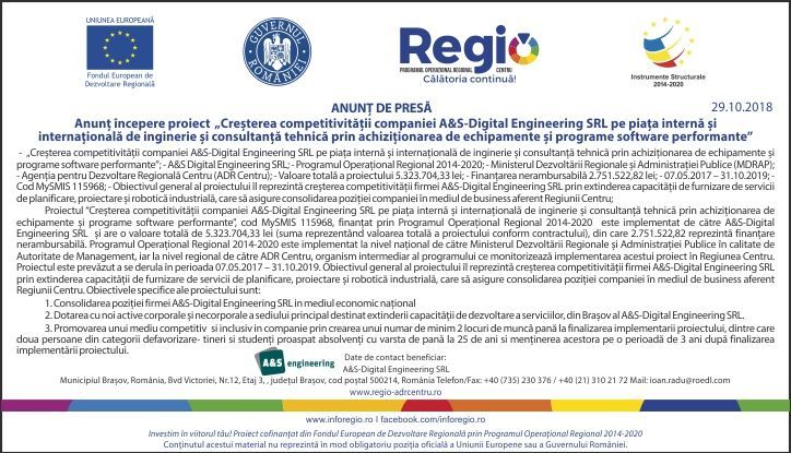 Anunț începere proiect „Creșterea competitivității companiei A&S-Digital Engineering SRL pe piața internă și internațională de inginerie și consultanță tehnică prin achiziționarea de echipamente și programe software performante” 1 comunicatpresaasengineering-29oct.jpg