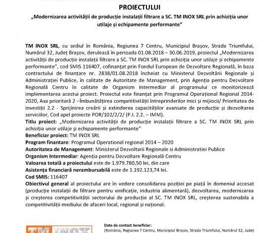 COMUNICAT DE PRESĂ PRIVIND DEMARAREA IMPLEMENTĂRII PROIECTULUI „Modernizarea activității de producție instalații filtrare a SC. TM INOX SRL prin achiziția unor utilaje și echipamente performante” 1 regio_3.jpg