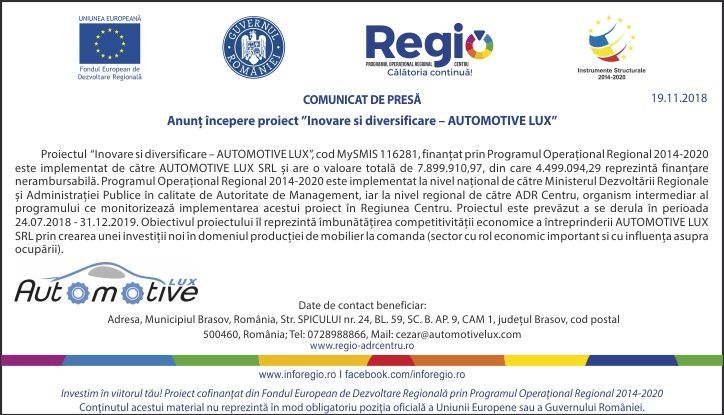 Anunț începere proiect „Inovare şi diversificare - AUTOMOTIVE LUX” 1 comunicatautomotive.jpg