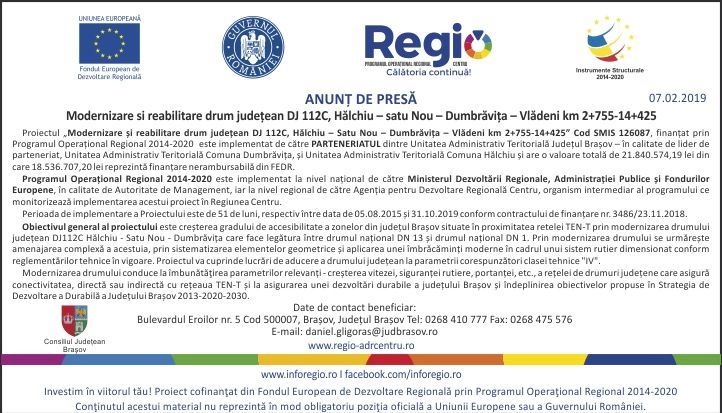 ANUNȚ DE PRESĂ - „Modernizare si reabilitare drum județean DJ 112C, Hălchiu – Satu Nou – Dumbrăvița – Vlădeni km 2+755-14+425” 1 comunicatpresaconsiliu724x415-7feb.jpg
