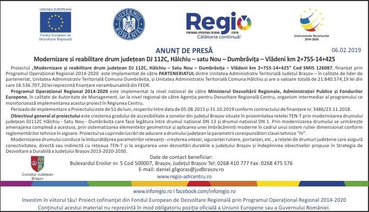ANUNȚ DE PRESĂ: ”Modernizare si reabilitare drum județean DJ 112C, Hălchiu – satu Nou – Dumbrăvița – Vlădeni km 2+755-14+425” 1 comunicatpresaconsiliu724x415.jpg