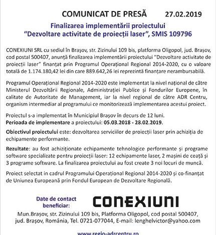 Comunicat de presă: Finalizarea implementării proiectului „Dezvoltare activitate de proiecții laser” 1 conexiuni.jpg