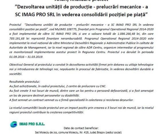 Anunț finalizare proiect „Dezvoltarea unității de producție - prelucrări mecanice - a SC IMAG PRO SRL în vederea consolidării poziției pe piață” 1 imagpro.jpg