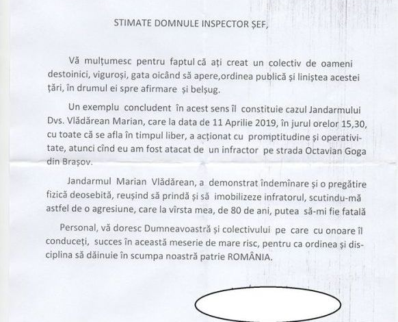 Mulţumiri la IJJ Braşov din partea octogenarului salvat din mâinile unui tâlhar 1 multumirijandarm.jpg
