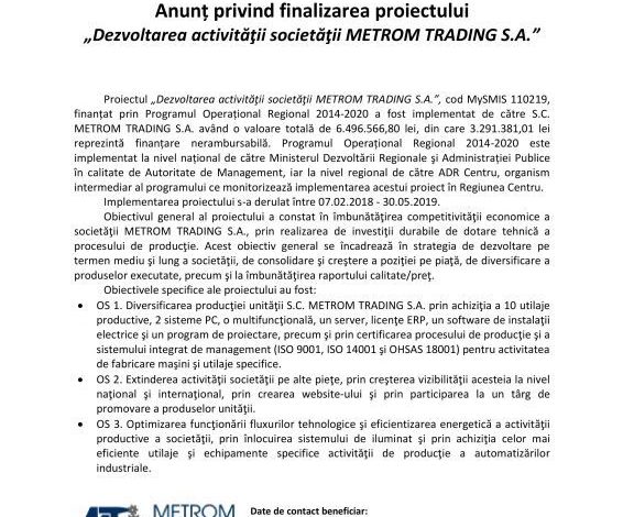 Anunț privind finalizarea proiectului „Dezvoltarea activităţii societăţii METROM TRADING S.A.” 1 metromcom.jpg