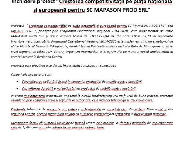COMUNICAT DE PRESĂ. Închidere proiect „Creșterea competitivității pe piața națională și europeană pentru SC MAPASON PROD SRL” 1 mapason.jpg