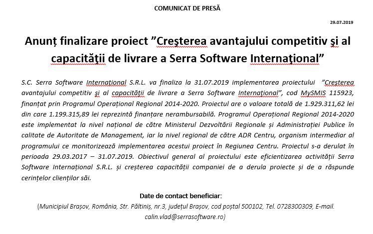 COMUNICAT DE PRESĂ | Anunț finalizare proiect ”Creşterea avantajului competitiv şi al capacităţii de livrare a Serra Software Internaţional” 1 captureserra.jpg