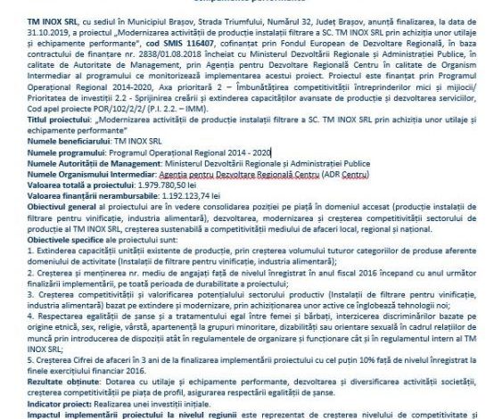 Comunicat de presă privind închiderea proiectului „Modernizarea activității de producție instalații filtrare a SC. TM INOX SRL prin achiziția unor utilaje și echipamente performante” 1 foto28-10.jpg