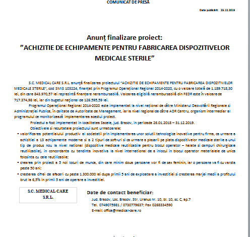 Anunț finalizare proiect: „ACHIZIȚIE DE ECHIPAMENTE PENTRU FABRICAREA DISPOZITIVELOR MEDICALE STERILE” 1 medicalcare.png