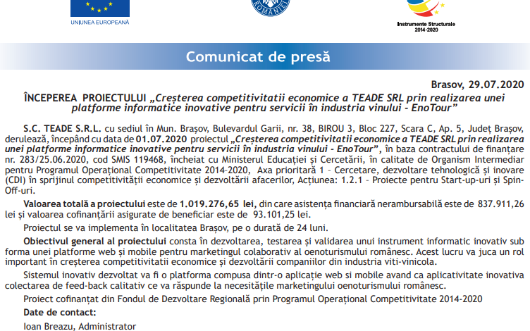 ÎNCEPEREA PROIECTULUI „Creșterea competitivității economice a TEADE SRL prin realizarea unei platforme informatice inovative pentru servicii în industria vinului - EnoTour” 1 proiect_4.png