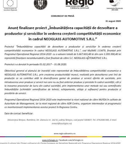 Anunț finalizare proiect „Îmbunătățirea capacității de dezvoltare a produselor și serviciilor în vederea creșterii competitivității economice în cadrul NEOGLASS AUTOMOTIVE S.R.L.” 1 neoglass.png
