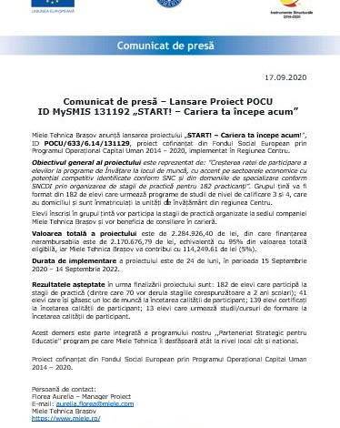 Comunicat de presă - Lansare Proiect POCU ID MySMIS 131192 „START! - Cariera ta începe acum” 1 miele.png