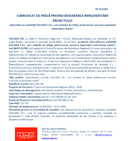 COMUNICAT DE PRESĂ PRIVIND DEMARAREA IMPLEMENTĂRII PROIECTULUI „Diversificarea activității HOLLMIK S.R.L. prin achiziția de utilaje performante necesare imprimării materialelor textile” 1 comunicat_2.png