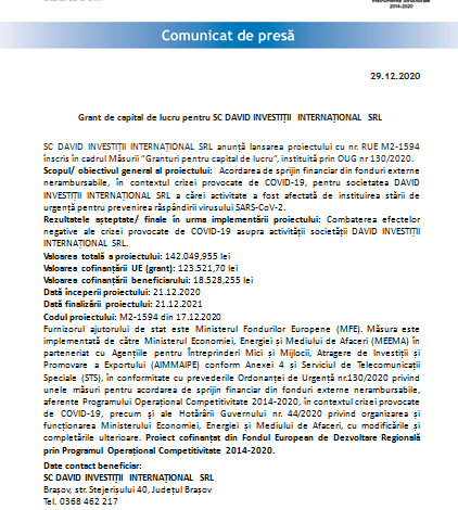 Grant de capital de lucru pentru SC DAVID INVESTIȚII INTERNAȚIONAL SRL 1 davidinvestitii.png