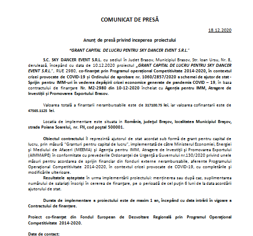 Anunț de presă privind începerea proiectului „GRANT CAPITAL DE LUCRU PENTRU SKY DANCER EVENT S.R.L.” 1 grant.png