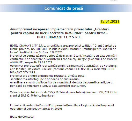 Anunț privind începerea implementării proiectului „Granturi pentru capital de lucru acordate IMM-urilor” pentru firma - HOTEL DIAMANT CITY S.R.L. 1 diamant.png