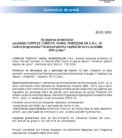 Începerea proiectului societății COMPLEX TURISTIC HANUL MUREȘENILOR S.R.L. în cadrul programului „Granturi pentru capital de lucru acordate IMM-urilor” 1 hanulmuresenilor.png