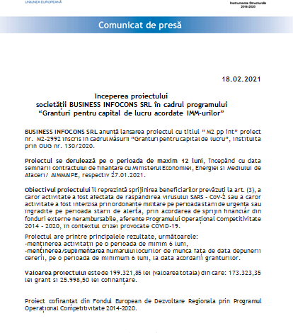 Începerea proiectului Societății BUSINESS INFOCONS SRL în cadrul programului „Granturi pentru capital de lucru acordate IMM-urilor” 1 business.png