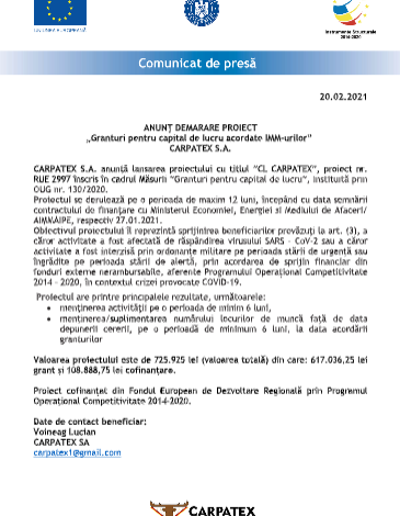 ANUNȚ DEMARARE PROIECT „Granturi pentru capital de lucru acordate IMM-urilor” CARPATEX S.A. 1 carpatex.png