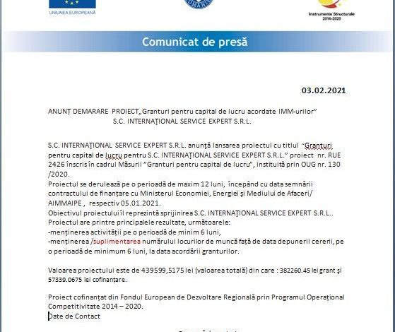 ANUNȚ DEMARARE PROIECT„Granturi pentru capital de lucru acordate IMM-urilor” S.C. INTERNAŢIONAL SERVICE EXPERT S.R.L. 1 jpg.jpg