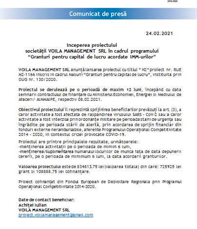 Începerea proiectului Societății VOILA MANAGEMENT SRL în cadrul programului „Granturi pentru capital de lucru acordate IMM-urilor” 1 voila.png