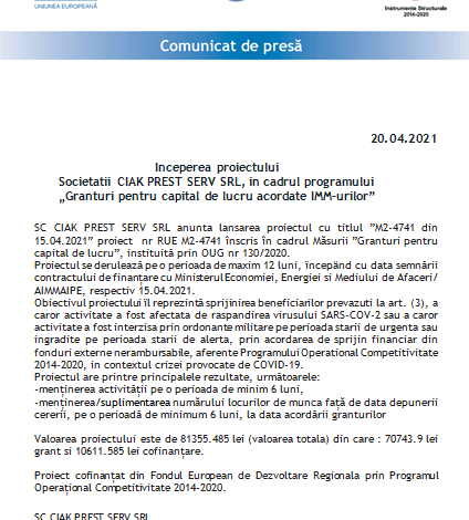 Începerea proiectului Societății CIAK PREST SERV SRL, în cadrul programului „Granturi pentru capital de lucru acordate IMM-urilor” 1 ciak_2.png