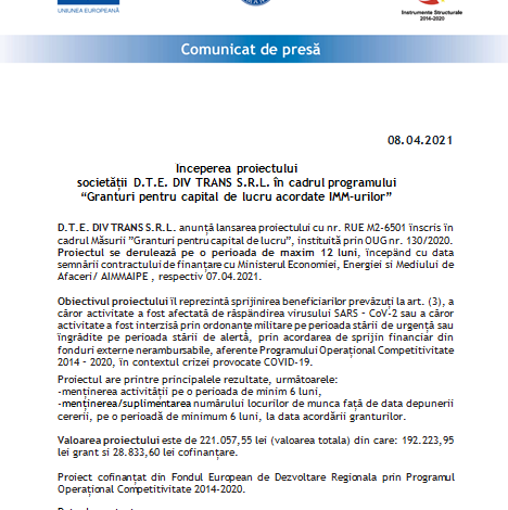 Începerea proiectului Societății D.T.E. DIV TRANS S.R.L. în cadrul programului „Granturi pentru capital de lucru acordate IMM-urilor” 1 divtrans.png
