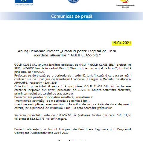 Anunț Demarare Proiect „Granturi pentru capital de lucru acordate IMM-urilor” - GOLD CLASS SRL 1 gold.png
