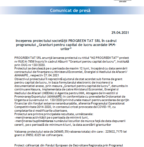 Începerea proiectului Societății PROGREEN TAT SRL în cadrul programului „Granturi pentru capital de lucru acordate IMM-urilor” 1 progreen.png