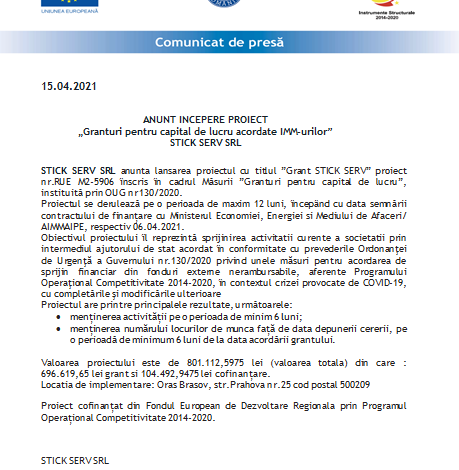 ANUNT INCEPERE PROIECT „Granturi pentru capital de lucru acordate IMM-urilor” STICK SERV SRL 1 stick.png